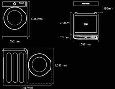 Dryer dimension drawing: 762 mm wide, 1,083 mm high, 1,467 mm deep with door open, 150 mm rear wall clearance