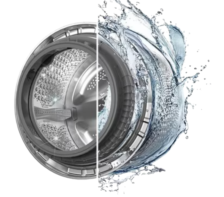 Washer drum being rinsed by water jets