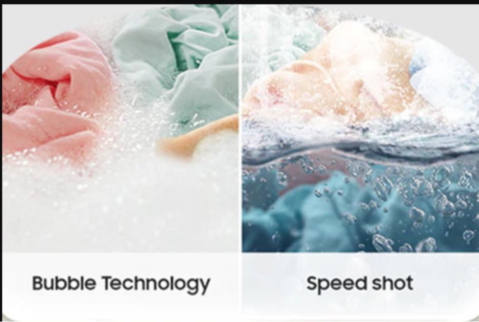 Clothes washing in bubbles and a strong water shot