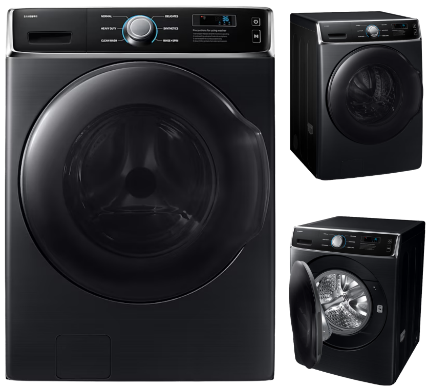 Samsung WF18FG940CGVTC professional washer in Black Caviar, front, angle and side views